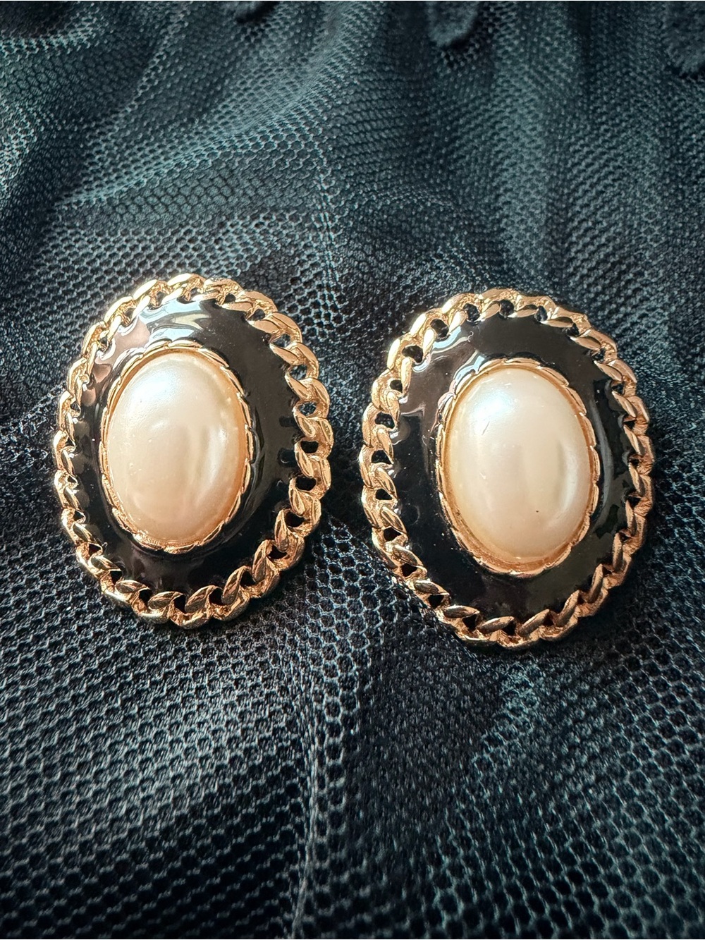 Vintage AFJ Faux Pearl Black Enamel Gold Tone 1980’s Statement Earrings